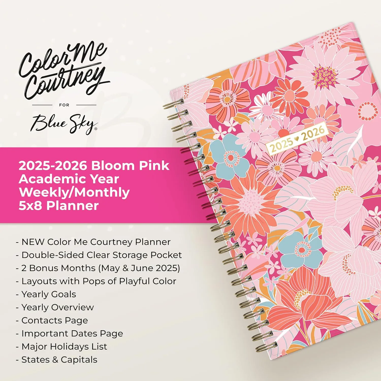 Blue Sky Color Me Courtney 2025-2026 Academic Year Weekly and Monthly Planner Calendar, July 2025 - June 2026, 12-Month, 5" x 8", Flexible Cover, Wirebound, Laminated Tabs, Storage Pocket, Bloom Pink