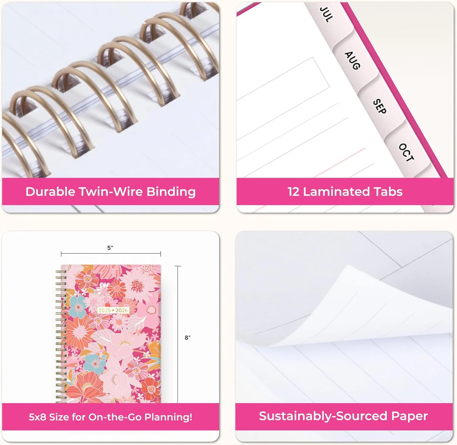 Blue Sky Color Me Courtney 2025-2026 Academic Year Weekly and Monthly Planner Calendar, July 2025 - June 2026, 12-Month, 5" x 8", Flexible Cover, Wirebound, Laminated Tabs, Storage Pocket, Bloom Pink