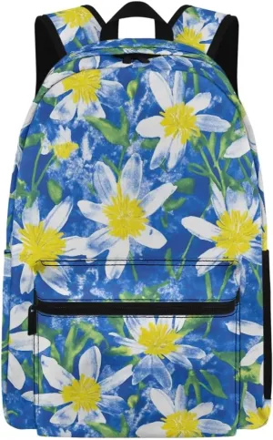 Blue White Flower Print Kids Backpack with Floral Design Lightweight School Bookbag for School Hiking Travel