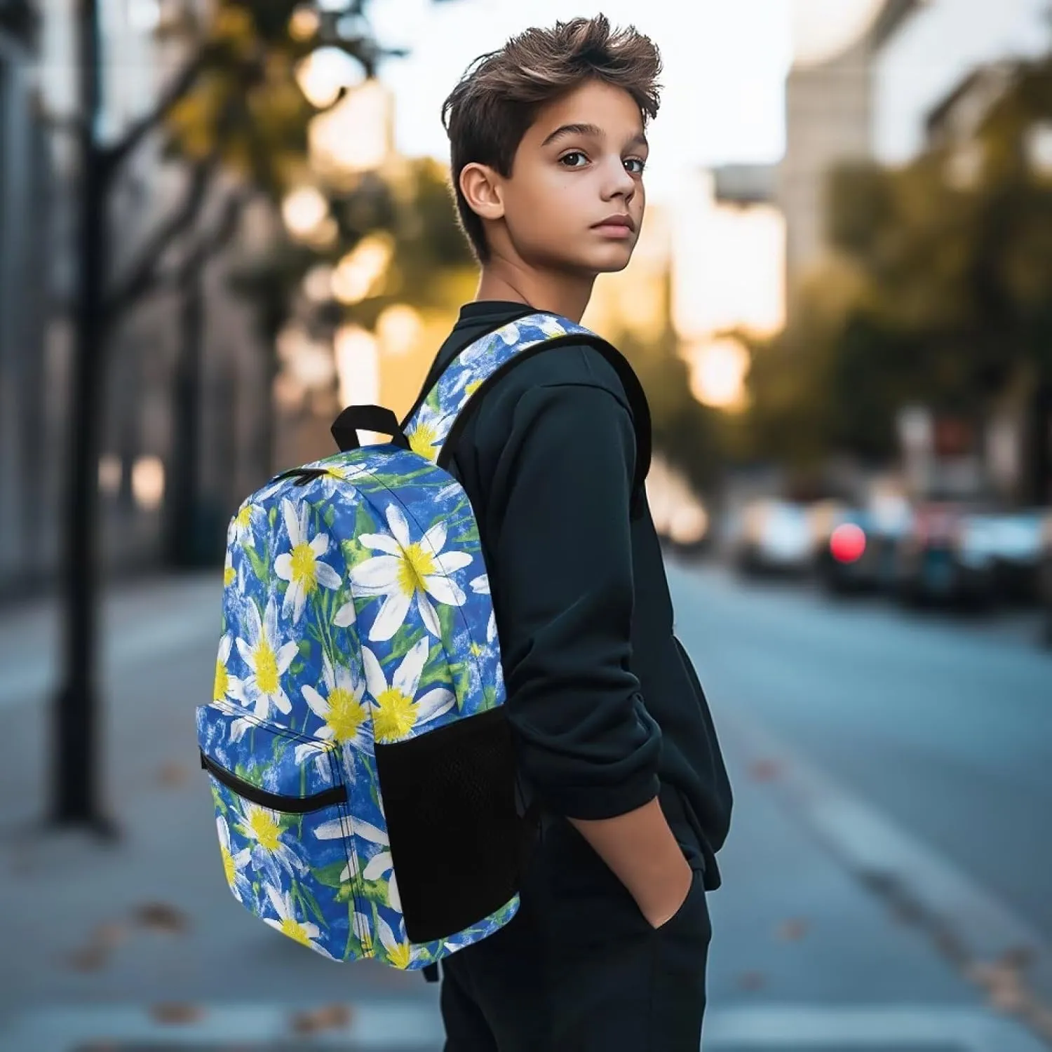 Blue White Flower Print Kids Backpack with Floral Design Lightweight School Bookbag for School Hiking Travel