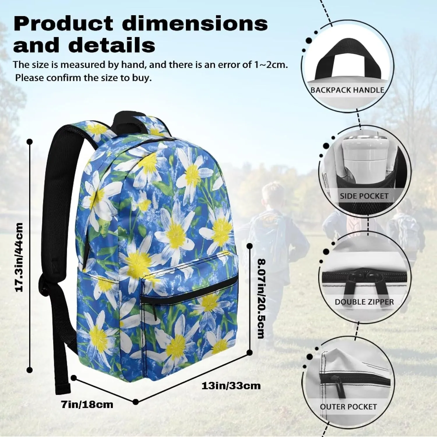 Blue White Flower Print Kids Backpack with Floral Design Lightweight School Bookbag for School Hiking Travel