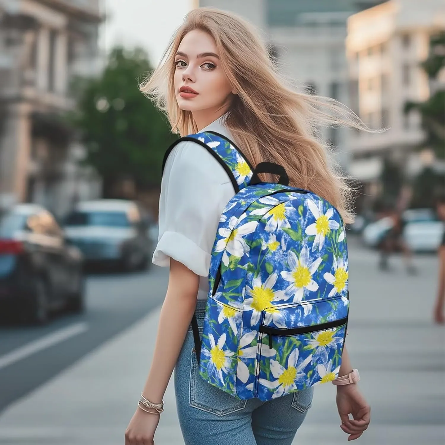 Blue White Flower Print Kids Backpack with Floral Design Lightweight School Bookbag for School Hiking Travel