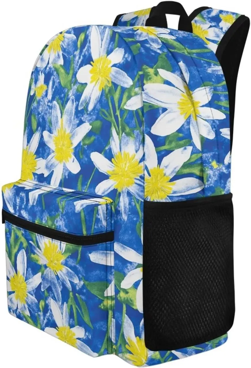 Blue White Flower Print Kids Backpack with Floral Design Lightweight School Bookbag for School Hiking Travel