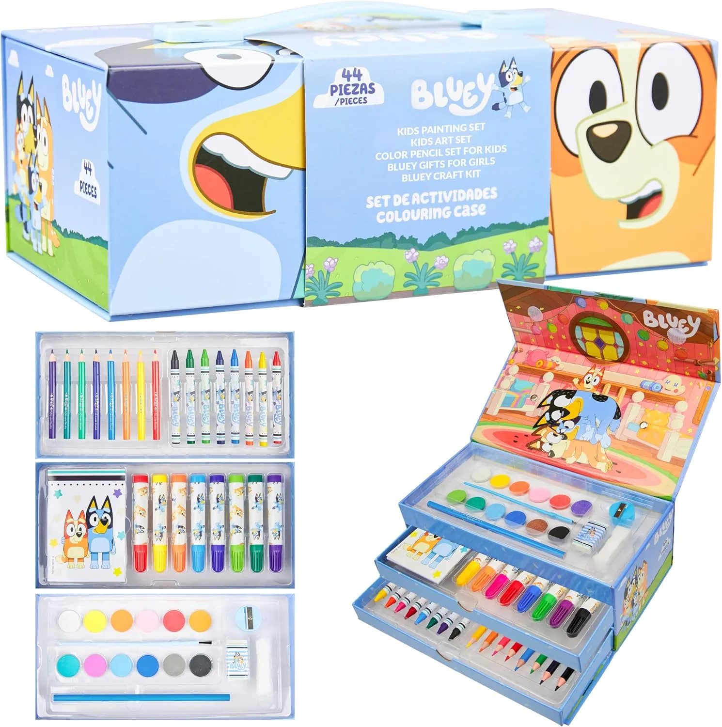 Bluey Colored Pencils Art Supplies for Boys Girls Drawing Kit Painting School Supplies Art Kit Travel Case Gifts for Kids (Blue 3 Tier)