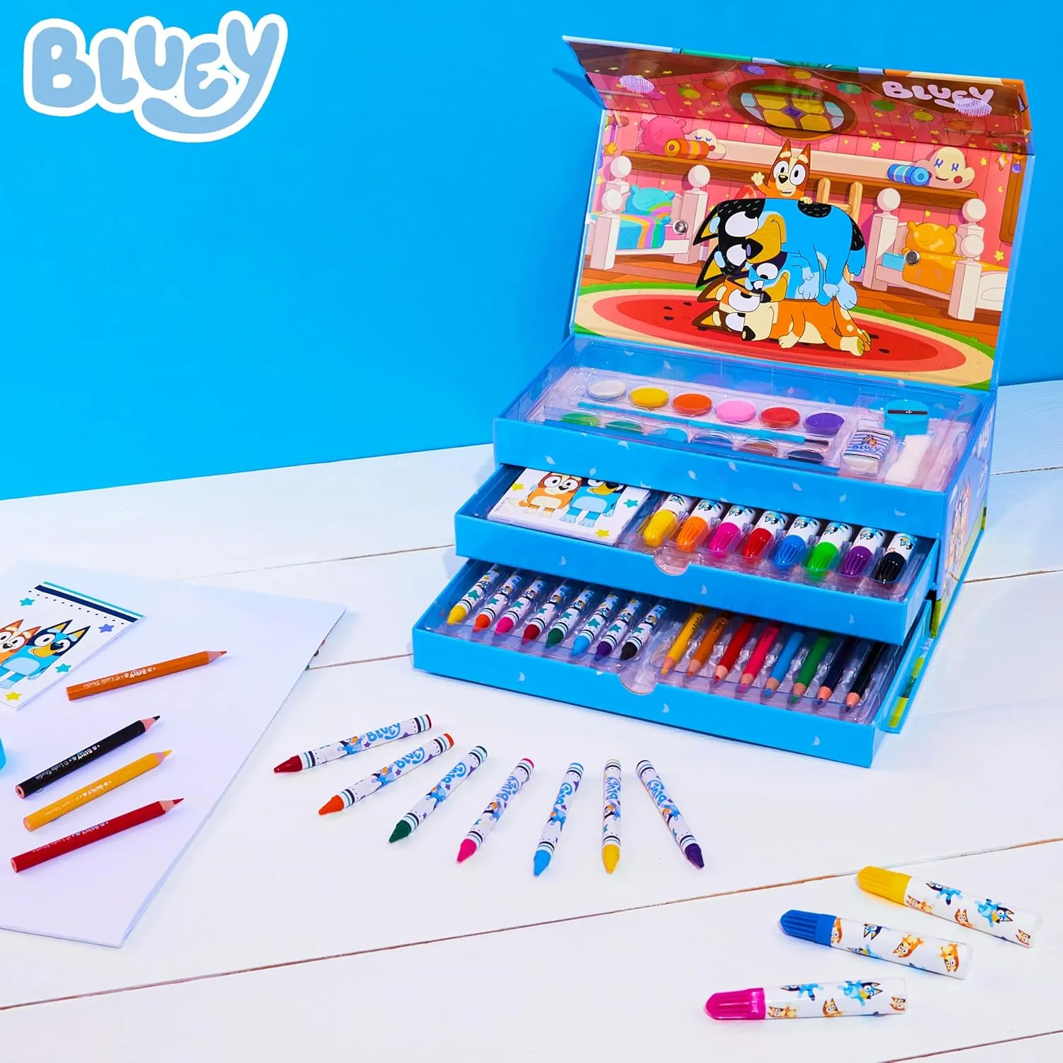 Bluey Colored Pencils Art Supplies for Boys Girls Drawing Kit Painting School Supplies Art Kit Travel Case Gifts for Kids (Blue 3 Tier)