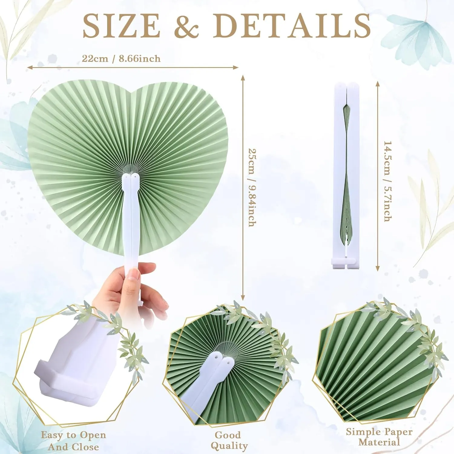 Blulu 60 Pack Folding Hand Fans Heart Wedding Handheld Foldable Paper Fans with Plastic Handle for Guests Dancing Wedding Birthday Bridal Shower Decorative Celebration Party Supplies(Sage Green)
