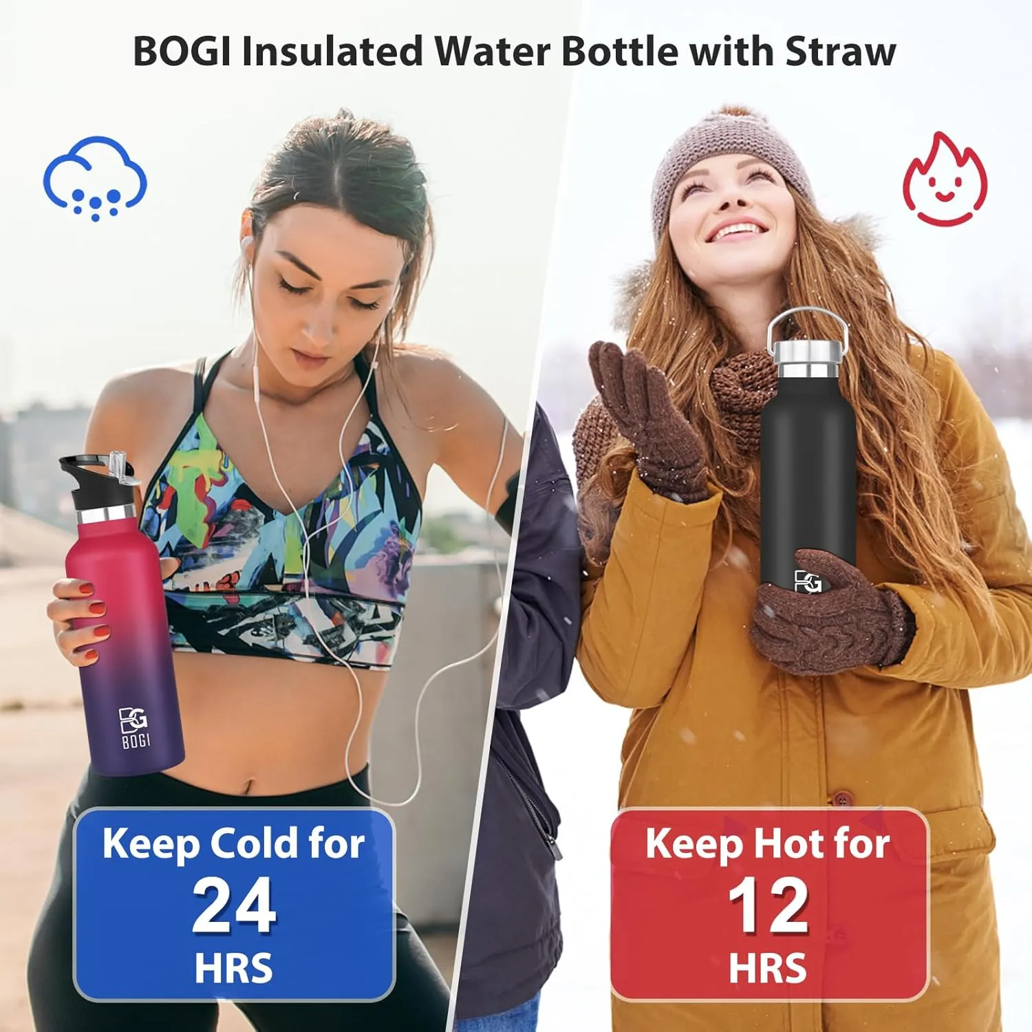 BOGI 20oz Insulated Water Bottle, Wide Mouth Stainless Steel Water Bottles Leakproof Black Metal Water Bottle with Straw and Handle BPA Free Steel Water Bottle for School Fitness Outdoor Sports-Black