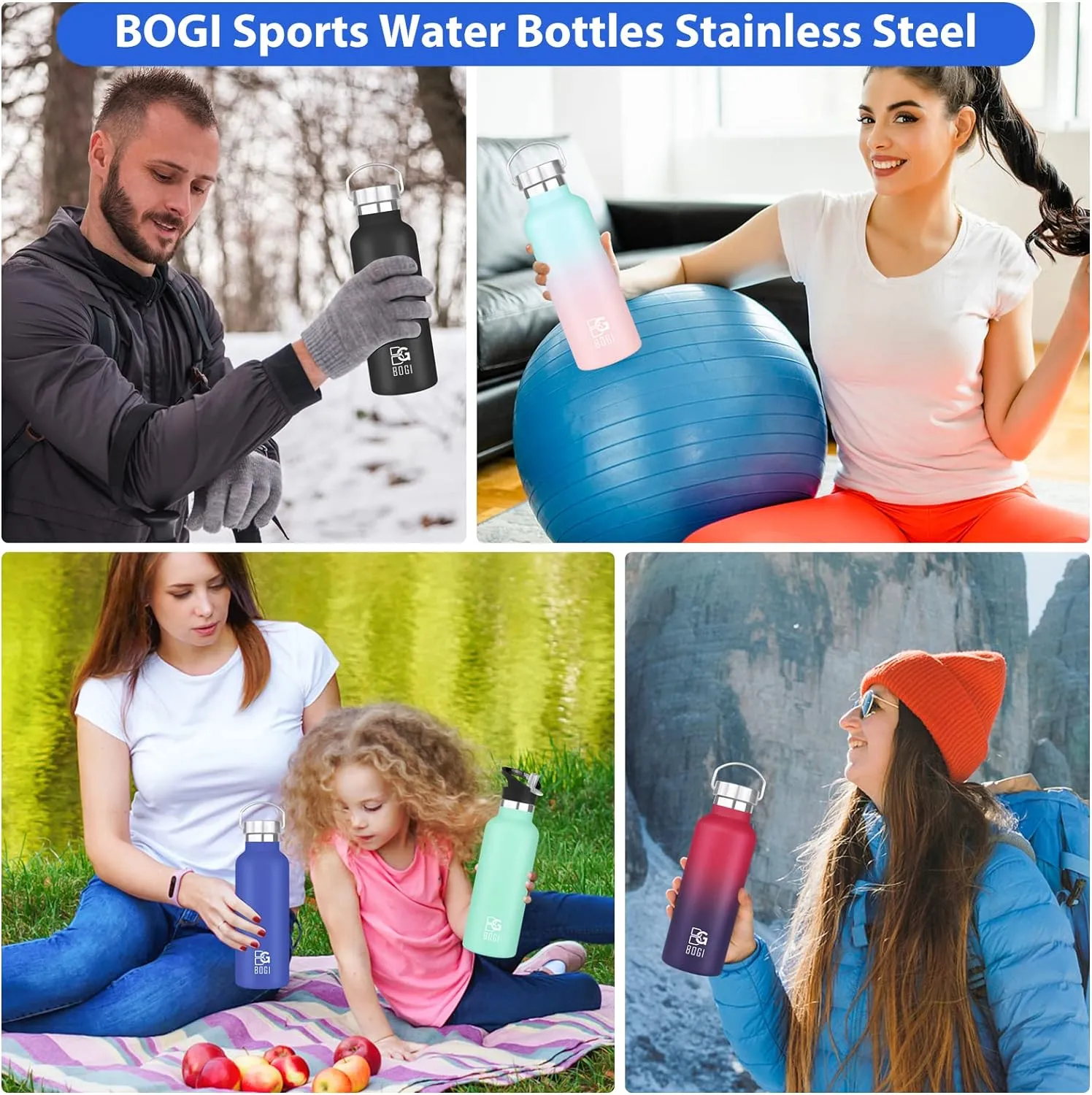 BOGI 20oz Insulated Water Bottle, Wide Mouth Stainless Steel Water Bottles Leakproof Black Metal Water Bottle with Straw and Handle BPA Free Steel Water Bottle for School Fitness Outdoor Sports-Black