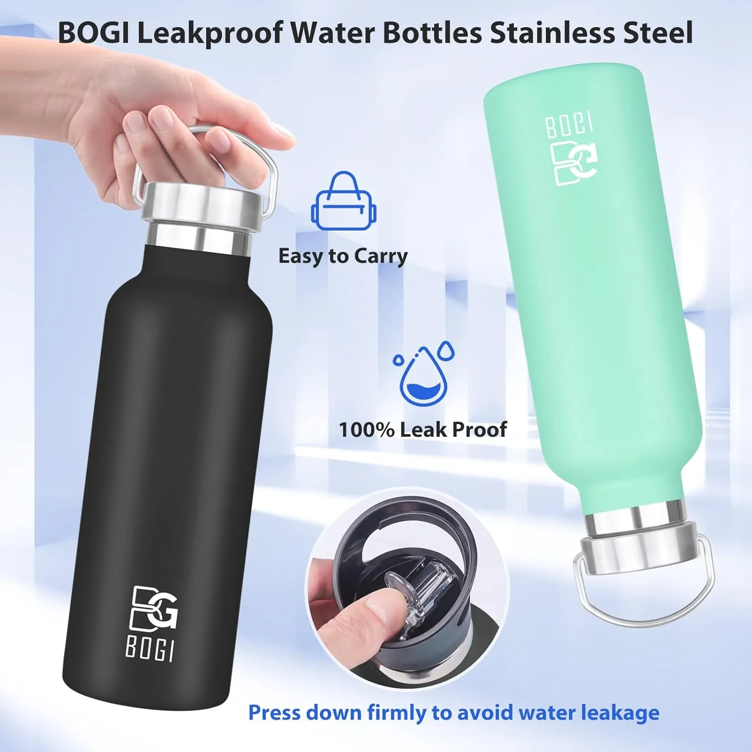 BOGI 20oz Insulated Water Bottle, Wide Mouth Stainless Steel Water Bottles Leakproof Black Metal Water Bottle with Straw and Handle BPA Free Steel Water Bottle for School Fitness Outdoor Sports-Black