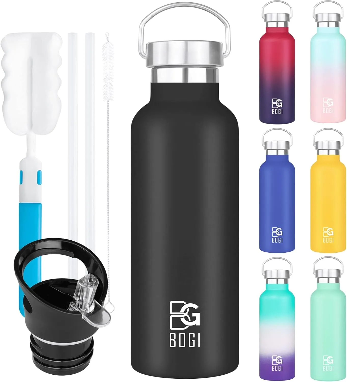 BOGI 20oz Insulated Water Bottle, Wide Mouth Stainless Steel Water Bottles Leakproof Black Metal Water Bottle with Straw and Handle BPA Free Steel Water Bottle for School Fitness Outdoor Sports-Black