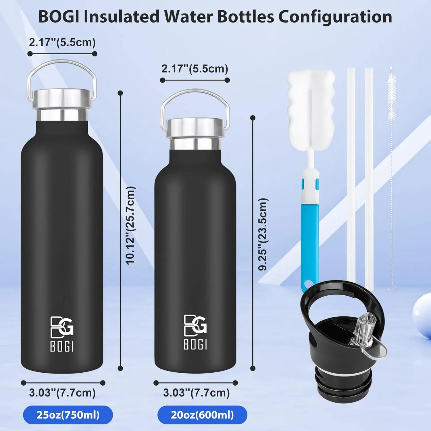 BOGI 20oz Insulated Water Bottle, Wide Mouth Stainless Steel Water Bottles Leakproof Black Metal Water Bottle with Straw and Handle BPA Free Steel Water Bottle for School Fitness Outdoor Sports-Black