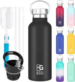 BOGI 20oz Insulated Water Bottle, Wide Mouth Stainless Steel Water Bottles Leakproof Black Metal Water Bottle with Straw and Handle BPA Free Steel Water Bottle for School Fitness Outdoor Sports-Black