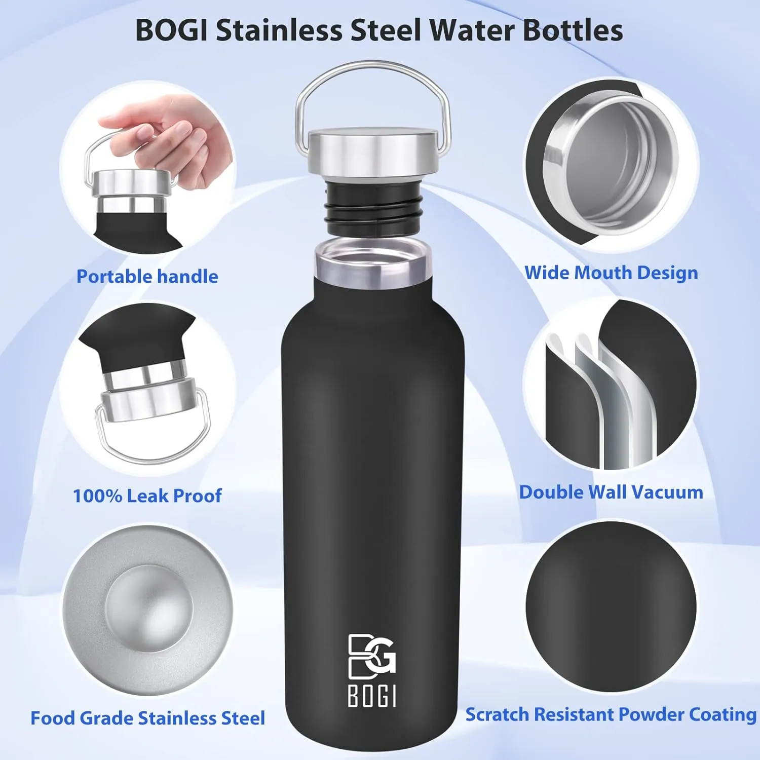 BOGI 20oz Insulated Water Bottle, Wide Mouth Stainless Steel Water Bottles Leakproof Black Metal Water Bottle with Straw and Handle BPA Free Steel Water Bottle for School Fitness Outdoor Sports-Black