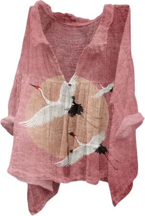 Boho Blouses for Women 2024 Plus Size Linen 3/4 Sleeve Button Up V-Neck Boxy Tops Summer Holiday Casual Beach Shirts