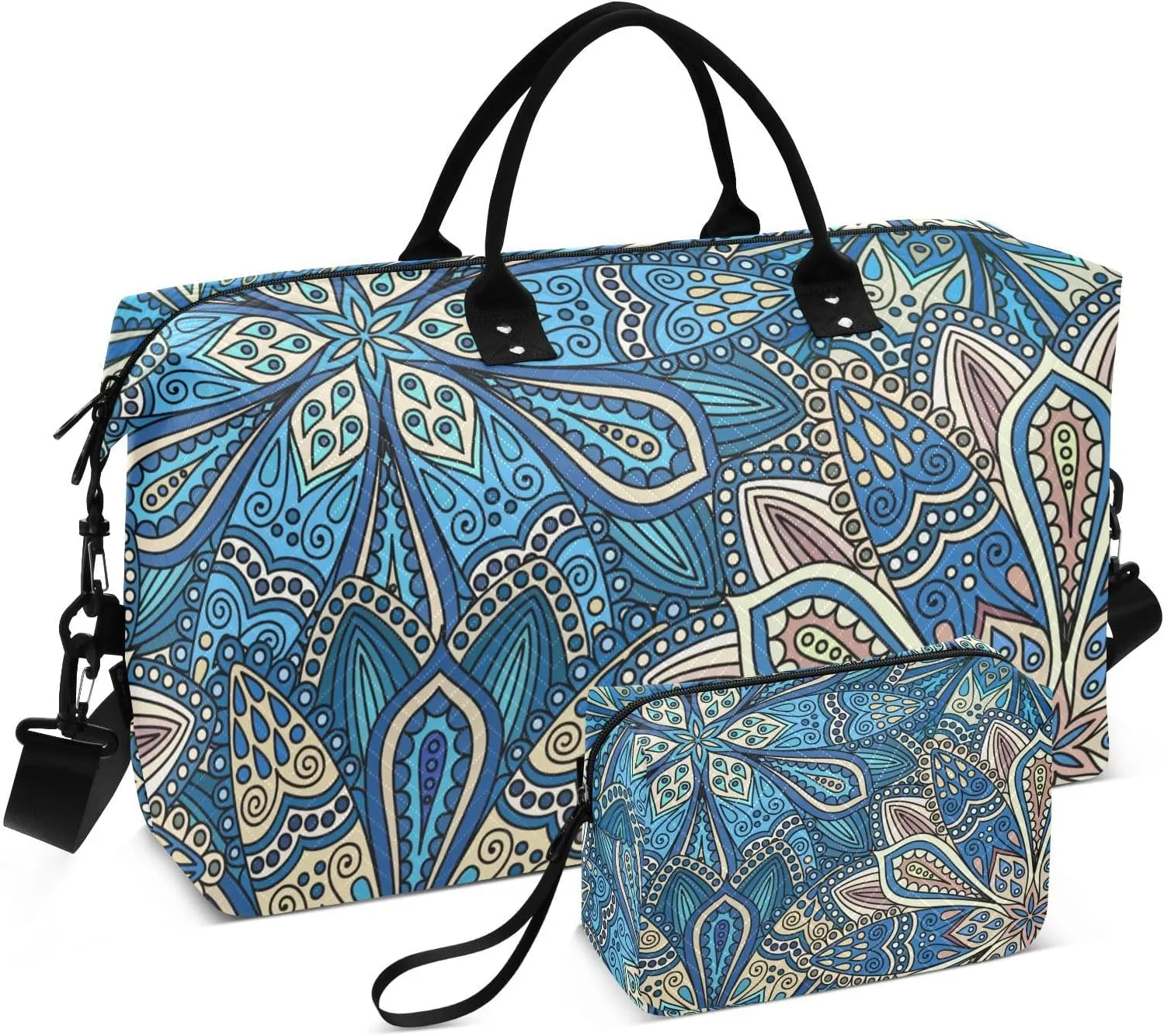 Bolaz Duffle Bag for Travel-Chic Flower Blue Boho，Weekender Overnight Bag with Wet Pocket for Women，Large Carry On Airport Bag with Toiletry Bag for Travel, Business Trips, Sports