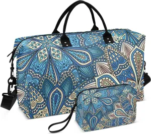 Bolaz Duffle Bag for Travel-Chic Flower Blue Boho，Weekender Overnight Bag with Wet Pocket for Women，Large Carry On Airport Bag with Toiletry Bag for Travel, Business Trips, Sports