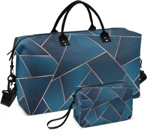 Bolaz Duffle Bag for Travel-Geometric Blue and Rose Gold，Weekender Overnight Bag with Wet Pocket for Women，Large Carry On Airport Bag with Toiletry Bag for Travel, Business Trips, Sports
