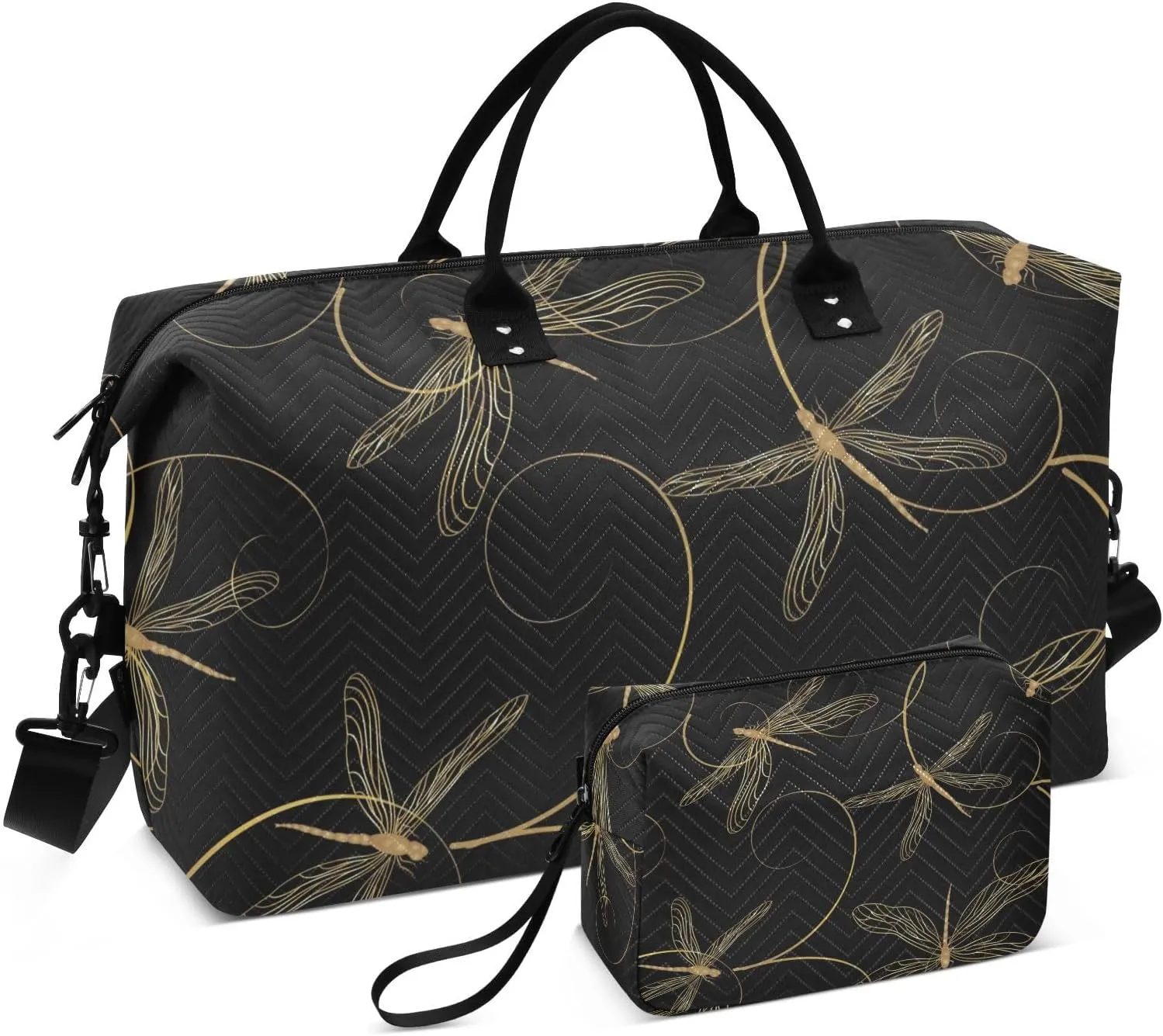Bolaz Duffle Bag for Travel-Golden Dragonfly on Black Background，Weekender Overnight Bag with Wet Pocket for Women，Large Carry On Airport Bag with Toiletry Bag for Travel, Business Trips, Sports