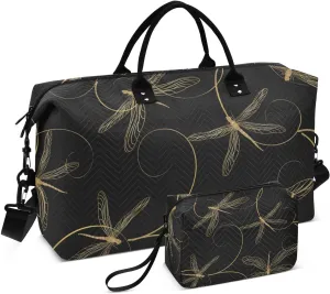 Bolaz Duffle Bag for Travel-Golden Dragonfly on Black Background，Weekender Overnight Bag with Wet Pocket for Women，Large Carry On Airport Bag with Toiletry Bag for Travel, Business Trips, Sports