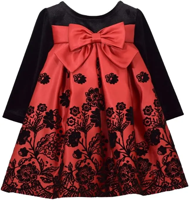 Bonnie Jean Girl's Christmas Red Long Sleeved Velvet Satin Dress for Baby Little and Big Girls