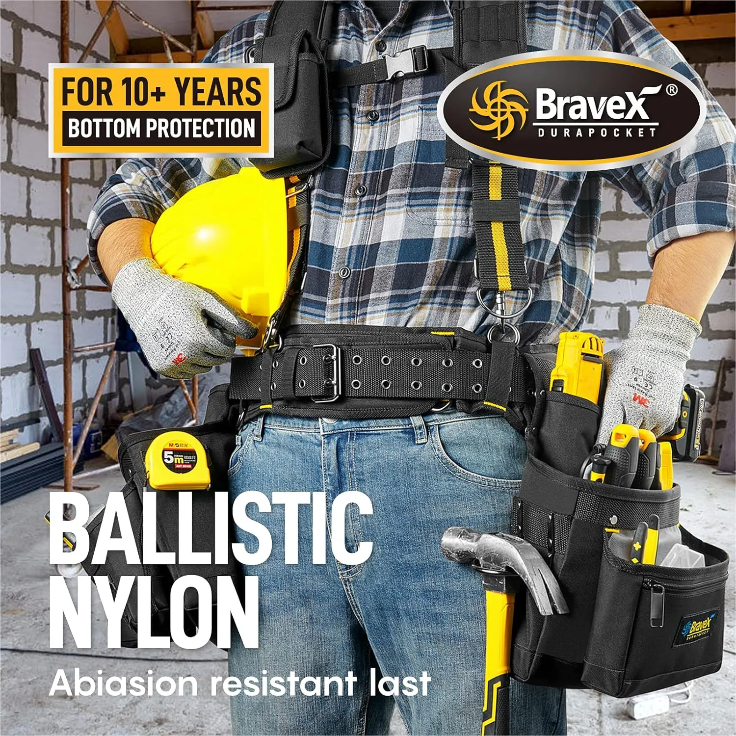 Bravex Tool Belt Suspenders, Tool Vest Pro Ultra 20 Bags Y-Style Toolbelt 5 Combo Apron Tool Pouch For Framers Carpenter Electrician 1200D Ballistic Nylon