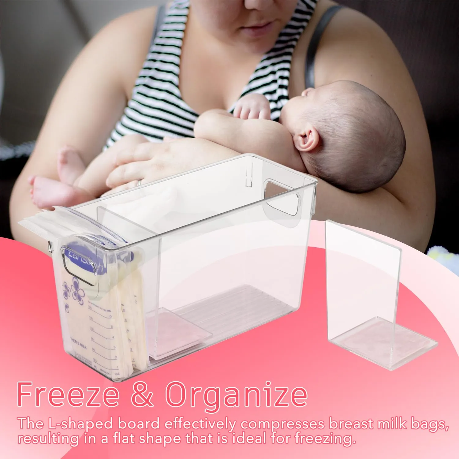 Breastmilk Storage Container with L Shaped Separator Boards, Dividers Will Flatten Standing Breast Milk Bags in Organizer Bins to Save Refrigerator Space | 2 Containers Plus 4 Pink Boards in Total.