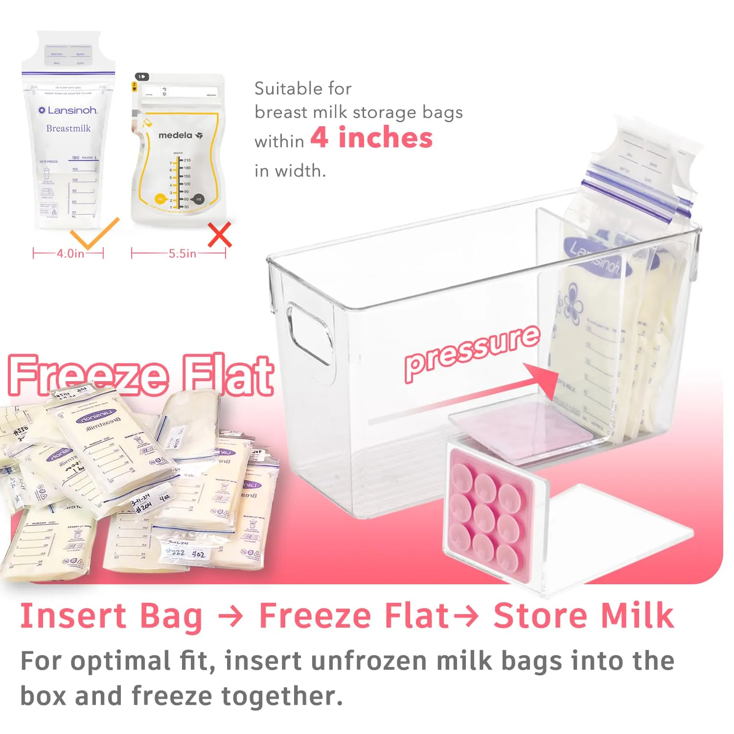 Breastmilk Storage Container with L Shaped Separator Boards, Dividers Will Flatten Standing Breast Milk Bags in Organizer Bins to Save Refrigerator Space | 2 Containers Plus 4 Pink Boards in Total.
