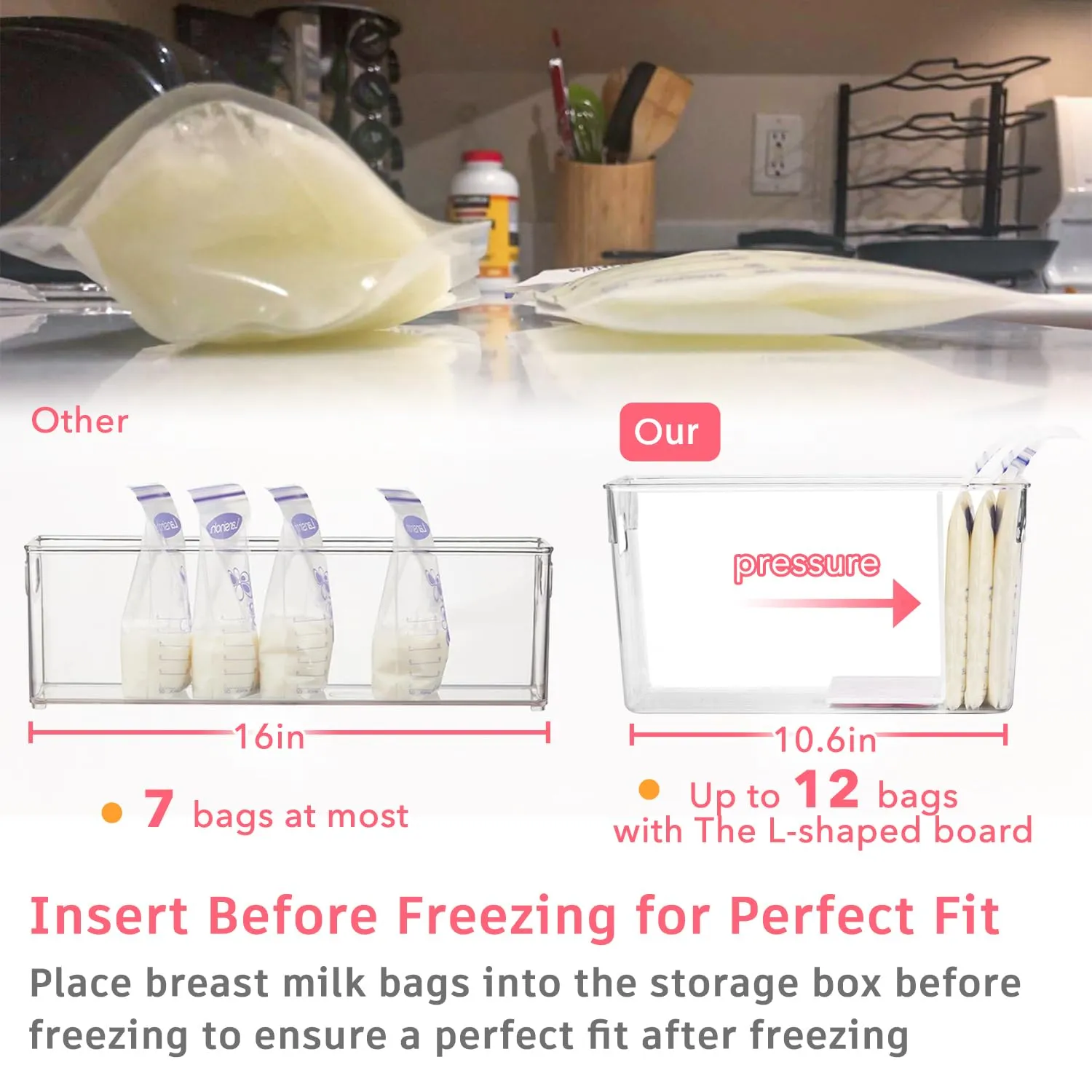 Breastmilk Storage Container with L Shaped Separator Boards, Dividers Will Flatten Standing Breast Milk Bags in Organizer Bins to Save Refrigerator Space | 2 Containers Plus 4 Pink Boards in Total.
