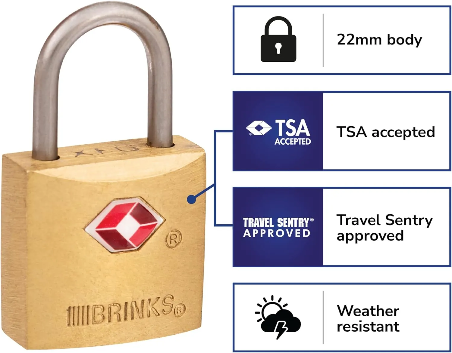 BRINKS TSA Approved Padlock, 22mm Solid Brass, Chrome-Plated with Hardened Steel Shackle, TSA Locks for Luggage, 4-Pack