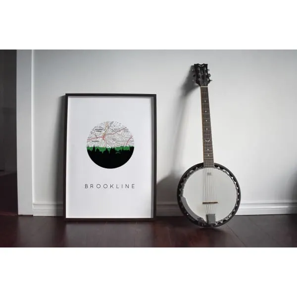 Brookline, Massachusetts city skyline with vintage Brookline map