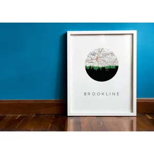 Brookline, Massachusetts city skyline with vintage Brookline map