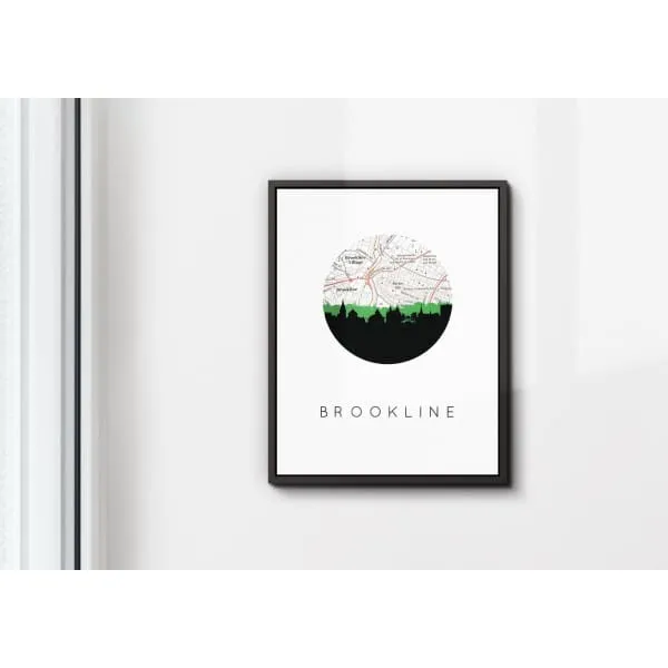 Brookline, Massachusetts city skyline with vintage Brookline map