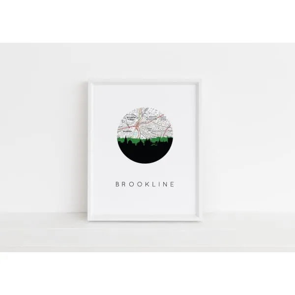 Brookline, Massachusetts city skyline with vintage Brookline map