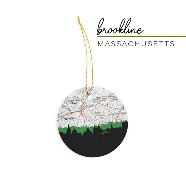 Brookline, Massachusetts city skyline with vintage Brookline map