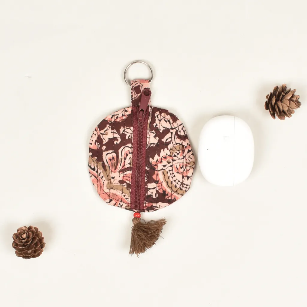 Brown kalamkari Round Pouch – Lip Balm / Earbuds Holder