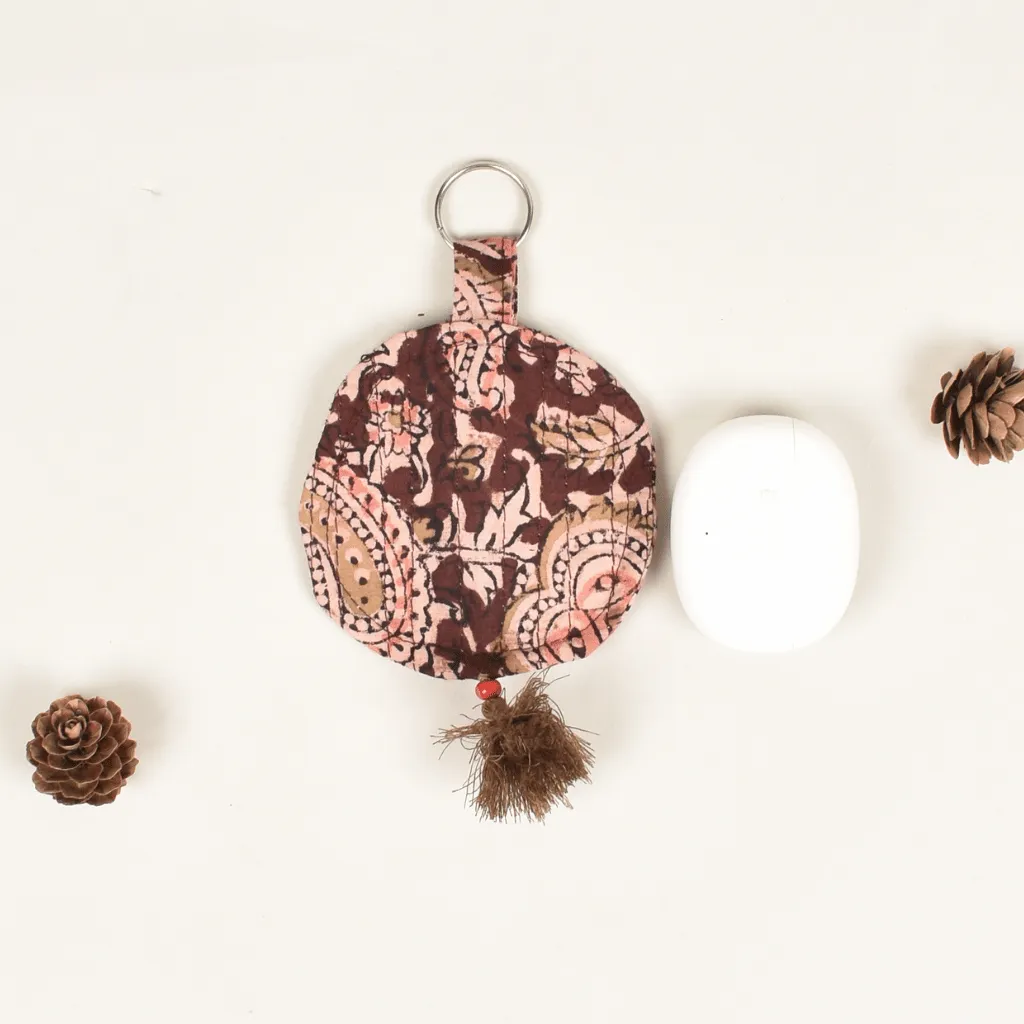 Brown kalamkari Round Pouch – Lip Balm / Earbuds Holder