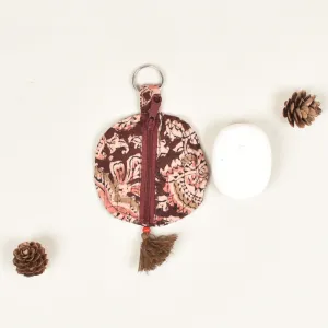 Brown kalamkari Round Pouch – Lip Balm / Earbuds Holder
