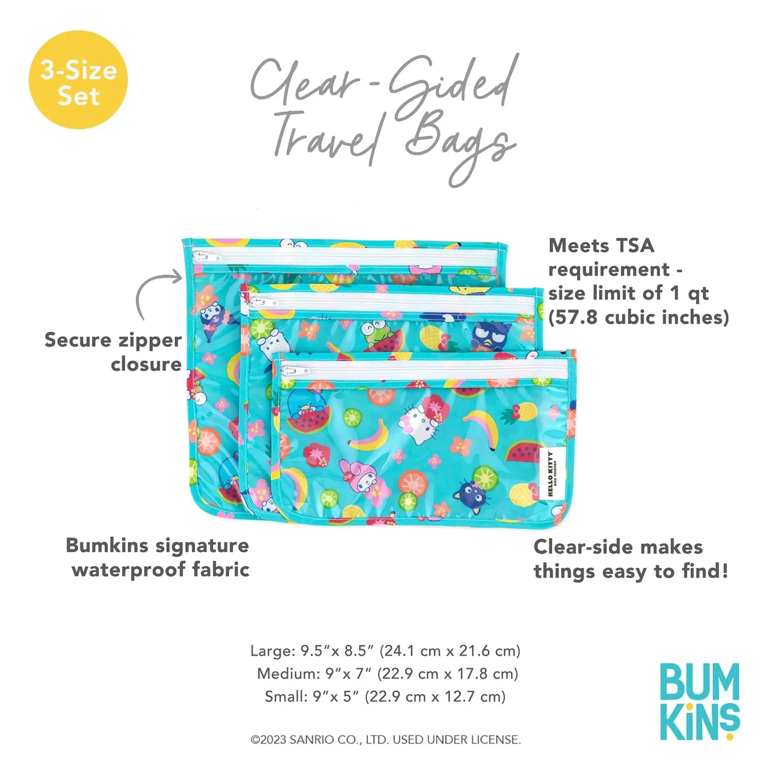 Bumkins Travel Bag, Toiletry, TSA Approved Pouch, Zip Bag, Quart Size Airline Compliant, Clear-Sided, Baby, Diaper Bag Organization, Makeup, Accessories, Packing, Set of 3 Sizes, Hello Kitty