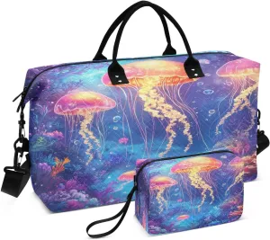 Burbuja Travel Duffel Bag for Women, Jellyfishes Weekender Overnight Bag Shoulder Carry On Tote Bag with Trolley Sleeve, Gym Bag with Toiletry Bag, Large Size