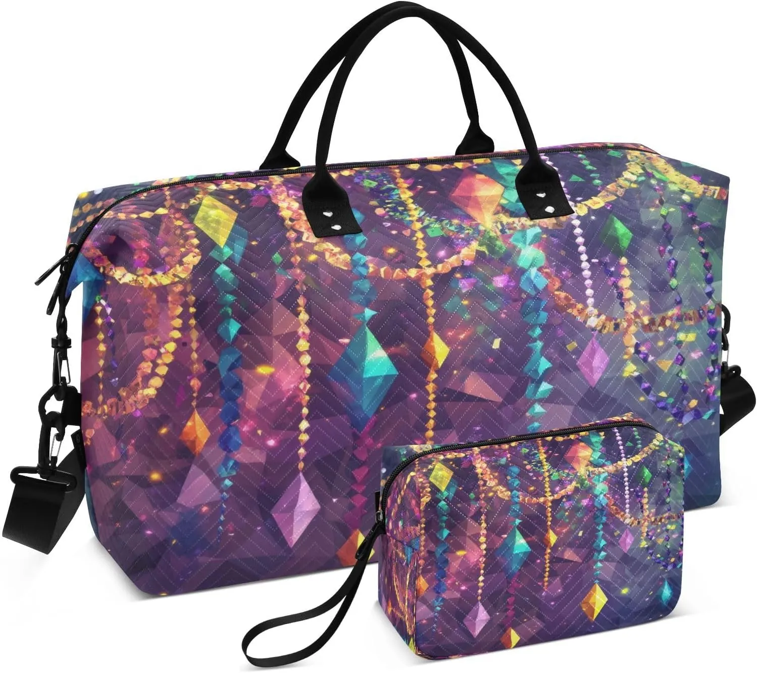 Burbuja Travel Duffel Bag for Women, Mardi Gras Decoration Bead Weekender Overnight Bag Shoulder Carry On Tote Bag with Trolley Sleeve, Gym Bag with Toiletry Bag, Large Size