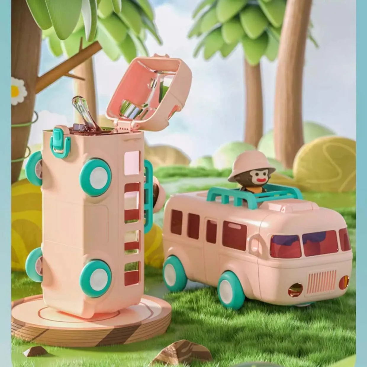 Bus Shaped Water Bottle - 17 Oz Cute Leak-Proof Bpa-Free Water Cup for Girls & Boys，Boys and Girls Detachable Drinking Bottle with Shoulder Strap＆straw for School, Travel，sport (A-Blue)