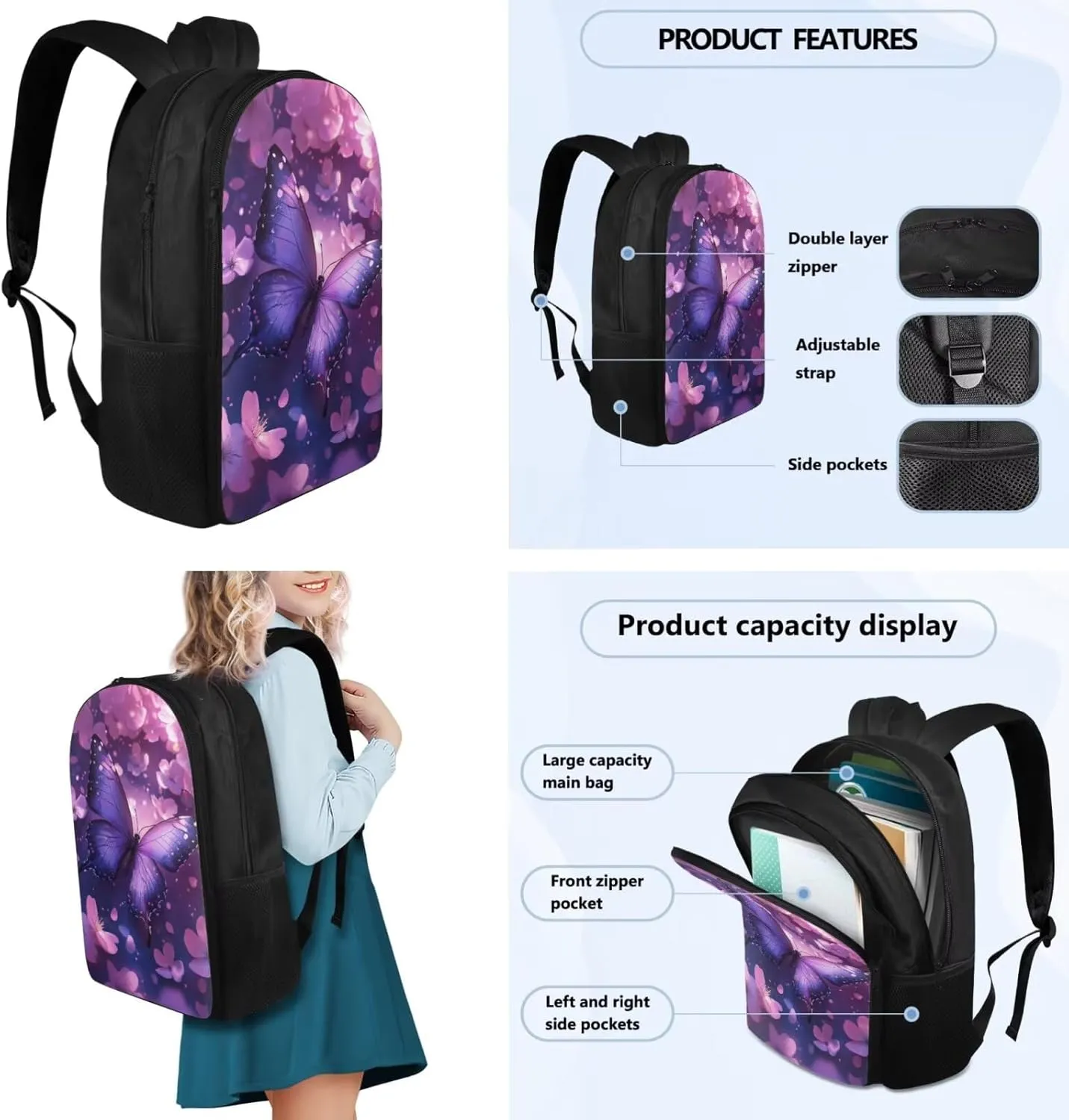 Butterfly Backpack for 7th Grade Girls Lightweight Backpack with Lunch Box Pencil Case and Bookmark Reusable Novelty Bookbag 4 in 1 Set for Teens Middle School or Primary School Girls