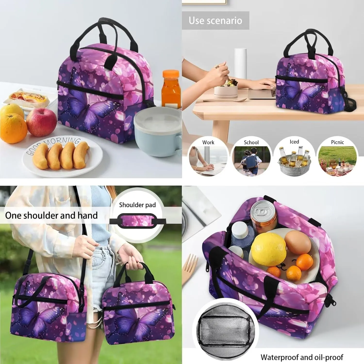 Butterfly Backpack for 7th Grade Girls Lightweight Backpack with Lunch Box Pencil Case and Bookmark Reusable Novelty Bookbag 4 in 1 Set for Teens Middle School or Primary School Girls