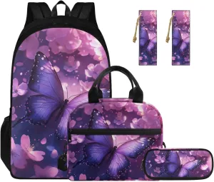 Butterfly Backpack for 7th Grade Girls Lightweight Backpack with Lunch Box Pencil Case and Bookmark Reusable Novelty Bookbag 4 in 1 Set for Teens Middle School or Primary School Girls