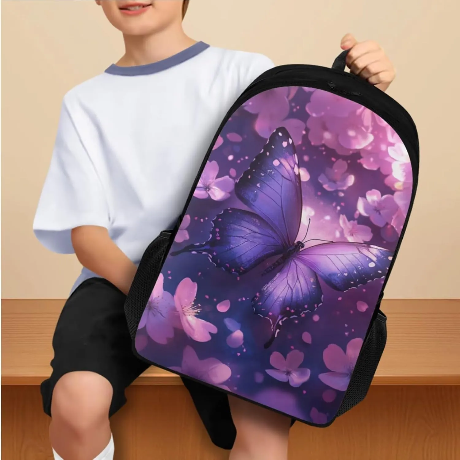 Butterfly Backpack for 7th Grade Girls Lightweight Backpack with Lunch Box Pencil Case and Bookmark Reusable Novelty Bookbag 4 in 1 Set for Teens Middle School or Primary School Girls