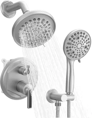 BWE Shower Faucet Set Wall Mounted Shower System with 3 Functions High Pressure 6.10 inch Rain Shower Head and 9 Settings Handheld Shower Head Shower Fixtures with Shower Valve Kit Brushed Nickel