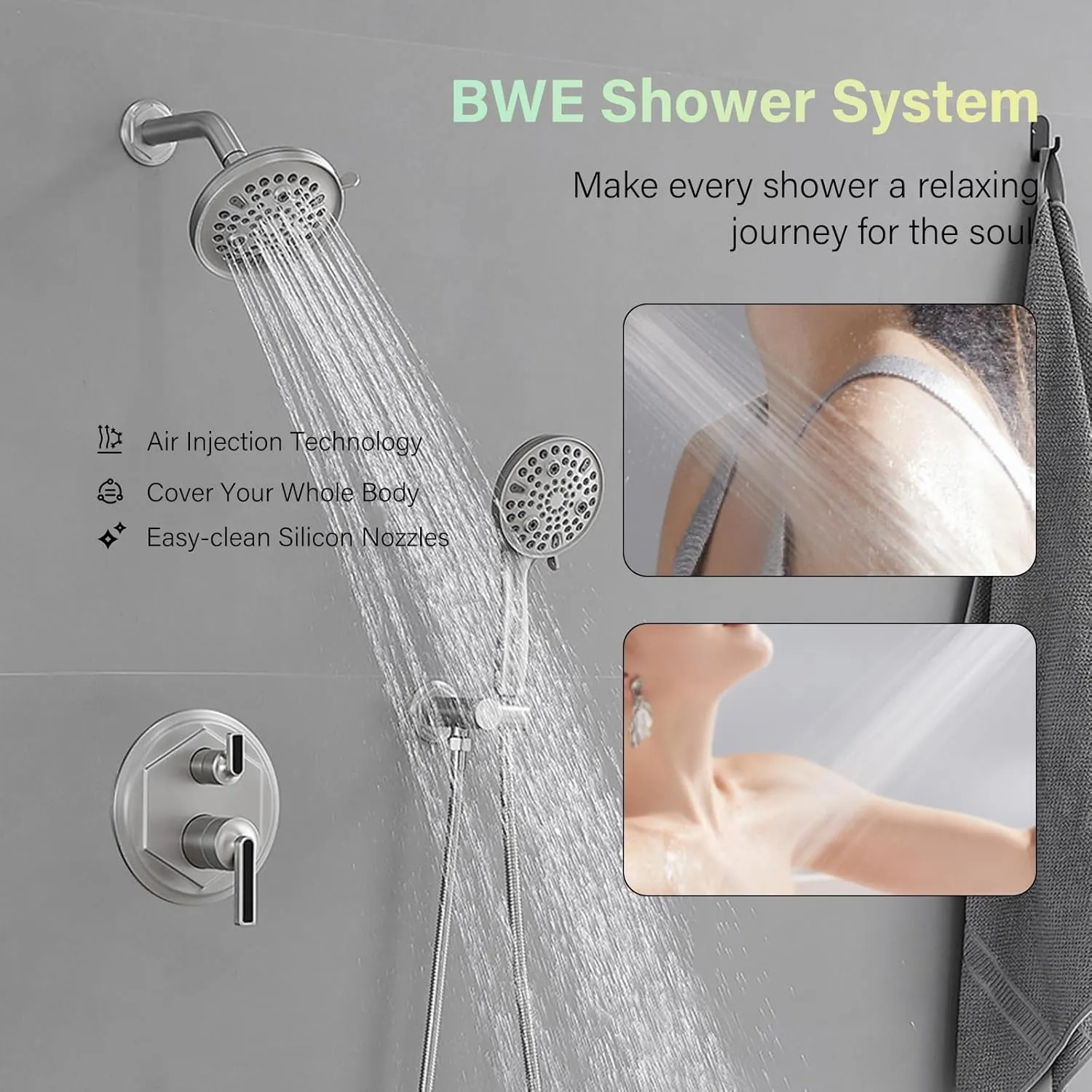 BWE Shower Faucet Set Wall Mounted Shower System with 3 Functions High Pressure 6.10 inch Rain Shower Head and 9 Settings Handheld Shower Head Shower Fixtures with Shower Valve Kit Brushed Nickel