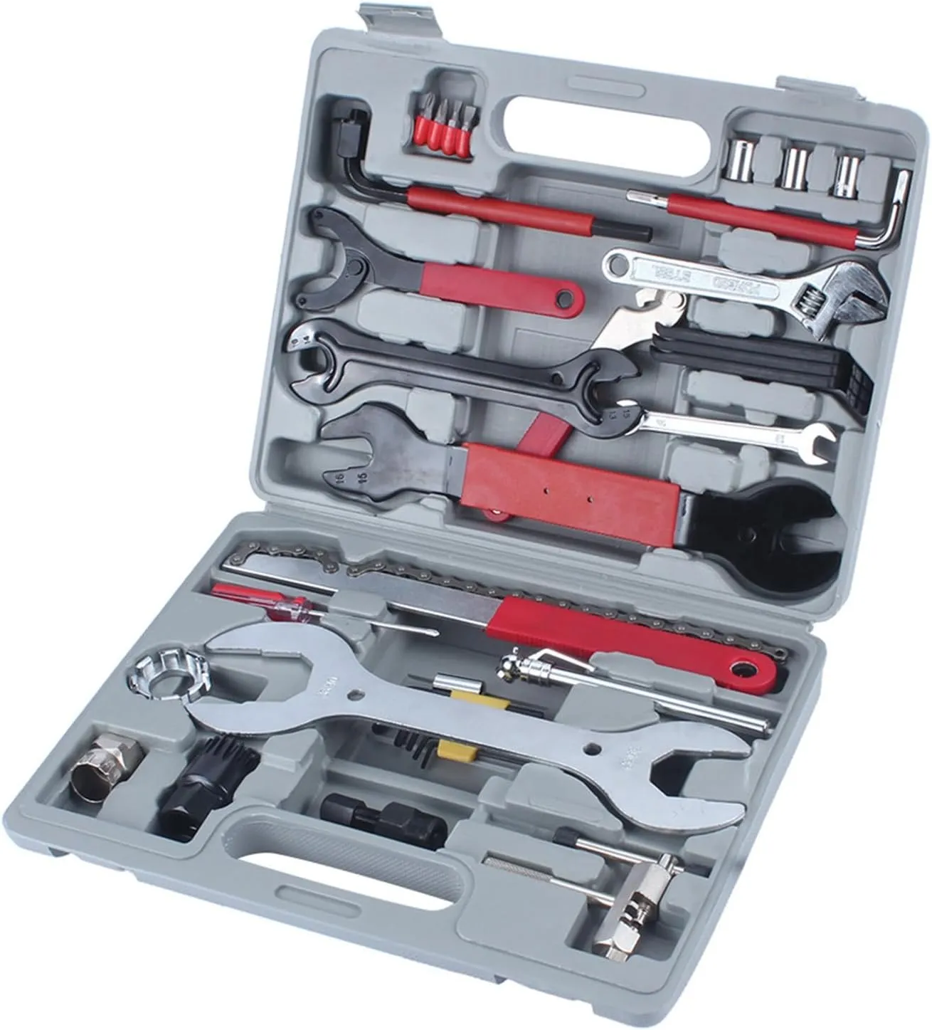 C Rehensive 44pcs Bike Repair Tool Set for Mountain & Cycle Puncture Tyre Inflation with Multi Tools, Puncture Kit, Screwdriver, Openended Wrench, Freewheel Turner, and