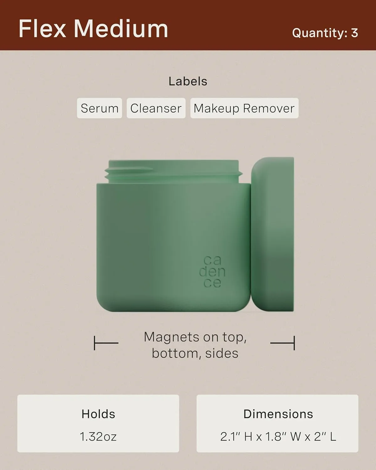 Cadence Travel Containers - Core Skincare Set - Magnetic Containers with Lids,2 Small (0.56oz) & 3 Medium (1.32oz) - Cleanser, Moisturizer, Serum, Makeup Remover & Sun Icon Labels - Evergreen