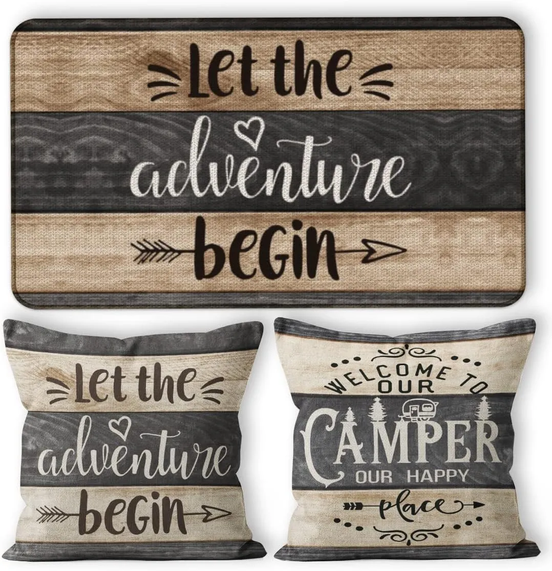 Camper Decor Doormat Pillow Cover Set - 1 * 30''x17'' Camper Rugs for Inside, 2 * 18x18 Camper Pillows Cover, RV Decorations for Inside Camper - Let The Adventure Begin